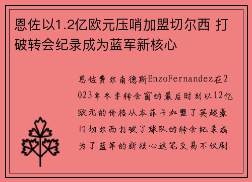 恩佐以1.2亿欧元压哨加盟切尔西 打破转会纪录成为蓝军新核心